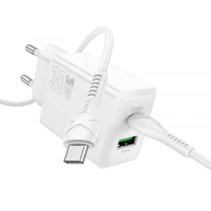 Φορτιστής τοίχου Hoco N71, 30W, 3A, 1 x USB-A - 1 x USB-C, με καλώδιο USB-C, Λευκό
