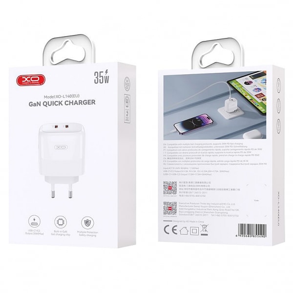 Φορτιστής τοίχου XO DESIGN L140, 35W, 3A, 2 x USB-C, Λευκό - Image 3