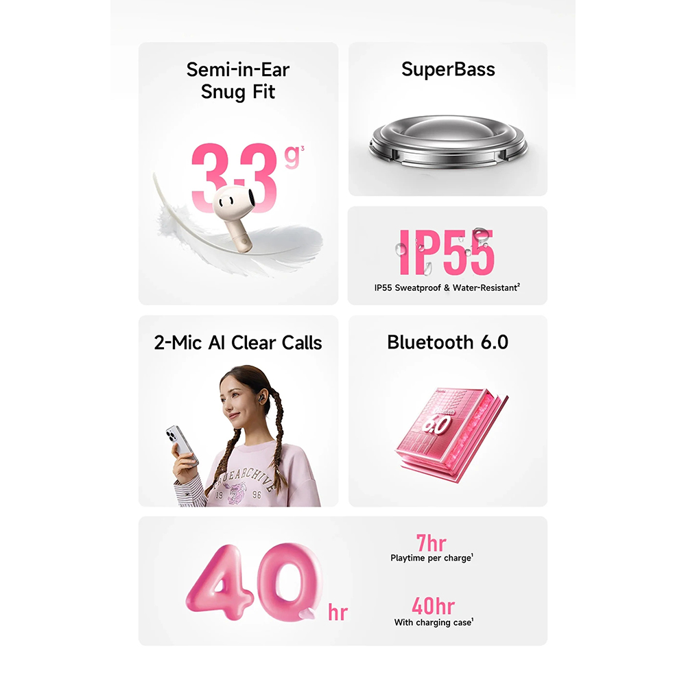 Baseus - Ασύρματα ακουστικά Bass BS2 Lite (A0010A02) - Bluetooth 6.0, SuperBass, 2-Mic ENC, Διάρκεια ζωής μπαταρίας 40 ωρών, IP55 - Μαύρο - Image 5