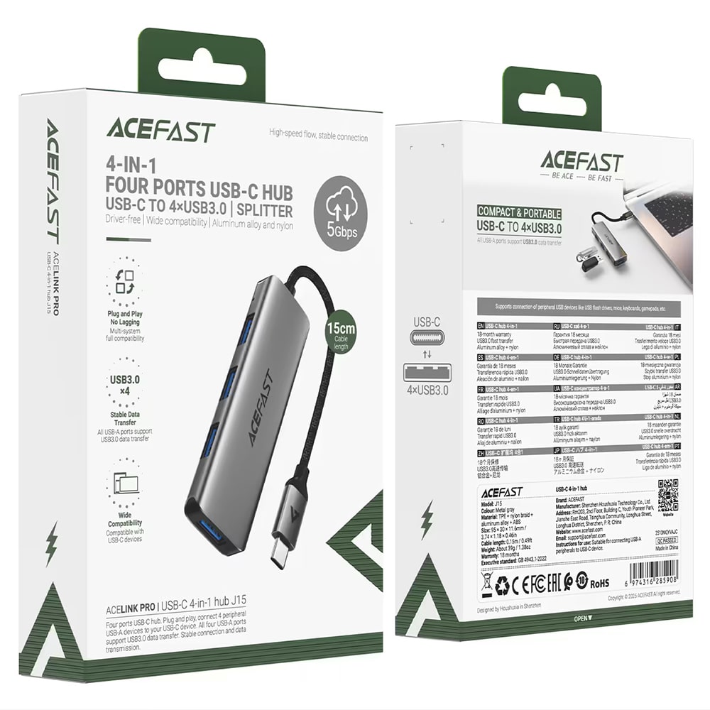 Acefast - Hub 4 σε 1 (J15) - Type-C σε 4x USB3.0, 5Gbps, Plug&Play, Κράμα αλουμινίου, Πλεγμένο νάιλον καλώδιο - Μεταλλικό γκρι - Image 6