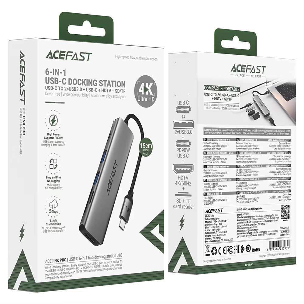 Acefast - Σταθμός σύνδεσης 6 σε 1 (J18) - USB-C σε 2x USB3.0, USB-C PD 90W, HDMI 4K, Κάρτα SD/TF, Plug&Play - Μεταλλικό γκρι - Image 6