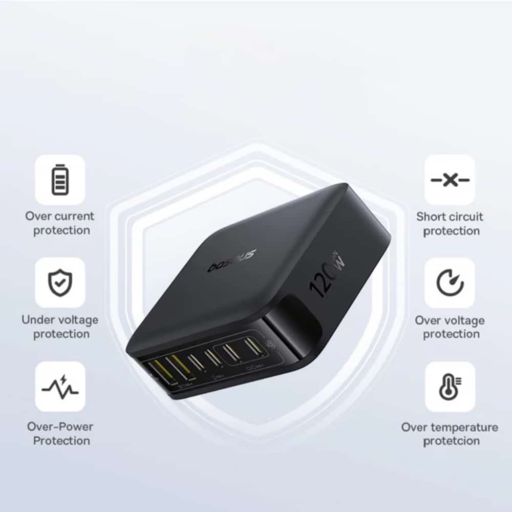 Baseus - Φορτιστής τοίχου EnerFill FH21 (E0120T00) - 4x Type-C, 2x USB, 120W, Τεχνολογία GaN, 1.5m - Μαύρο - Image 6