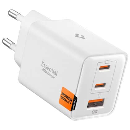 Spigen - Φορτιστής τοίχου Essential EE473EU (ACH09464) - USB, 2x Type-C, Γρήγορη φόρτιση, Quantum Boost, 47W - Λευκό
