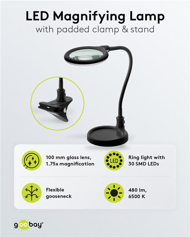GOOBAY μεγεθυντικός φακός 64990 με κλιπ & βάση, LED, 3 διόπτρες 1.75x - Image 3