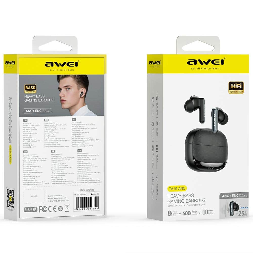 Ασύρματα ακουστικά AWEI TA19 ANC Bluetooth 6.0 TWS + βάση σύνδεσης, μαύρο - Image 5
