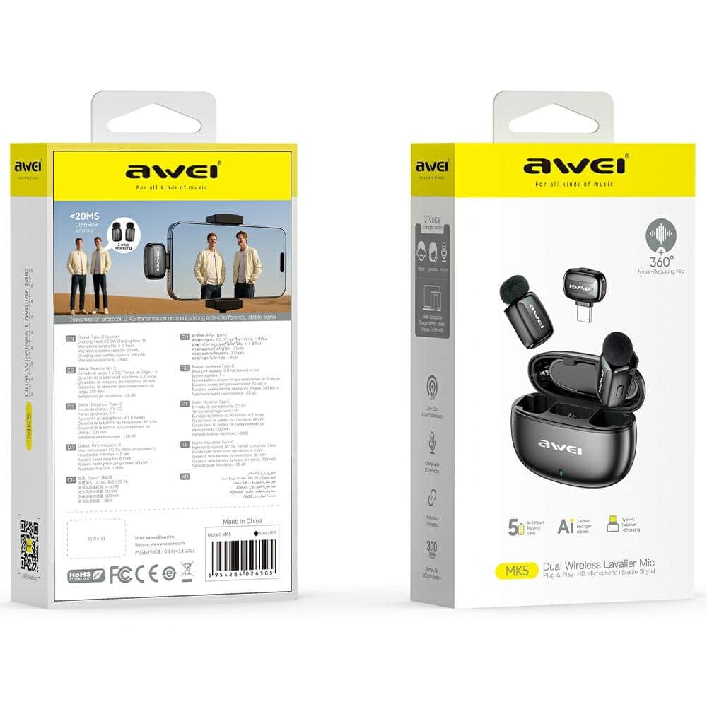 Ασύρματο μικρόφωνο AWEI MK5 Duo Ai-Voice, μαύρο - Image 2