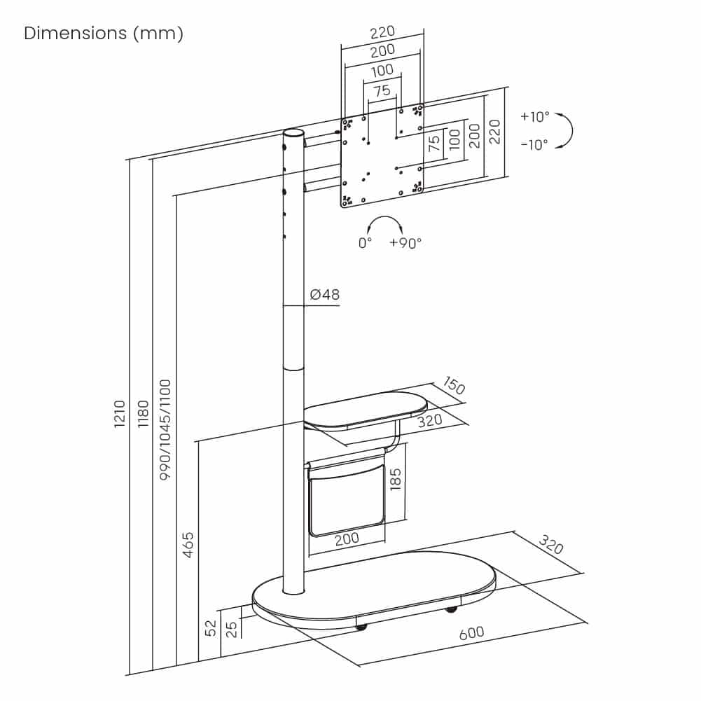 BRATECK βάση τηλεόρασης δαπέδου FS54-22T-02W, 17-43", έως 15kg, με ράφι & ροδάκια, μαύρη - Image 6
