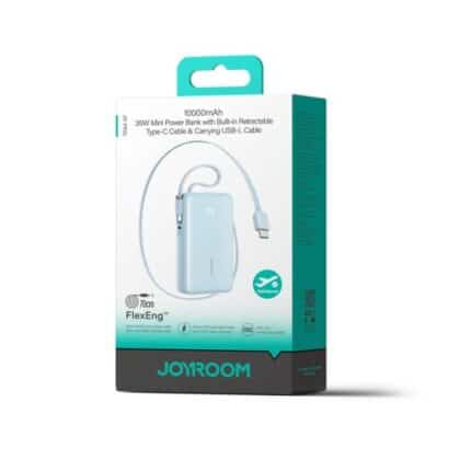 Power Bank Joyroom με Ψηφιακή Οθόνη, C+U+U, PD 35W, 10000 mAh με Ενσωματωμένο Αναδιπλούμενο Καλώδιο Typle-C και Lightning Lanyard (0,7m) Μπλε (JR-PR2L)