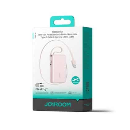 Power Bank Joyroom με Ψηφιακή Οθόνη, C+U+U, PD 35W, 10000 mAh με Ενσωματωμένο Αναδιπλούμενο Καλώδιο Typle-C και Lightning Lanyard (0,7m) Ροζ (JR-PR2L)