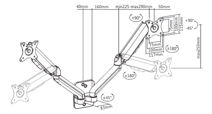 BRATECK επιτοίχια βάση για 2x οθόνες LDA32-114, 17-32", έως 9kg - Image 4