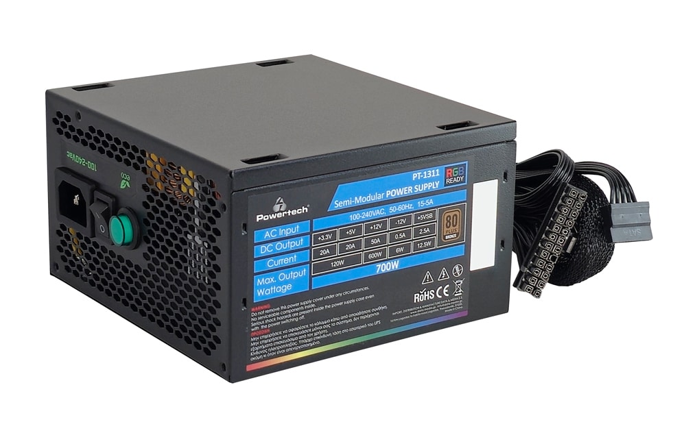 POWERTECH τροφοδοτικό PC PT-1311, 80PLUS Bronze, 700W, ATX, 120mm RGB Fan, Semi Modular - Image 3