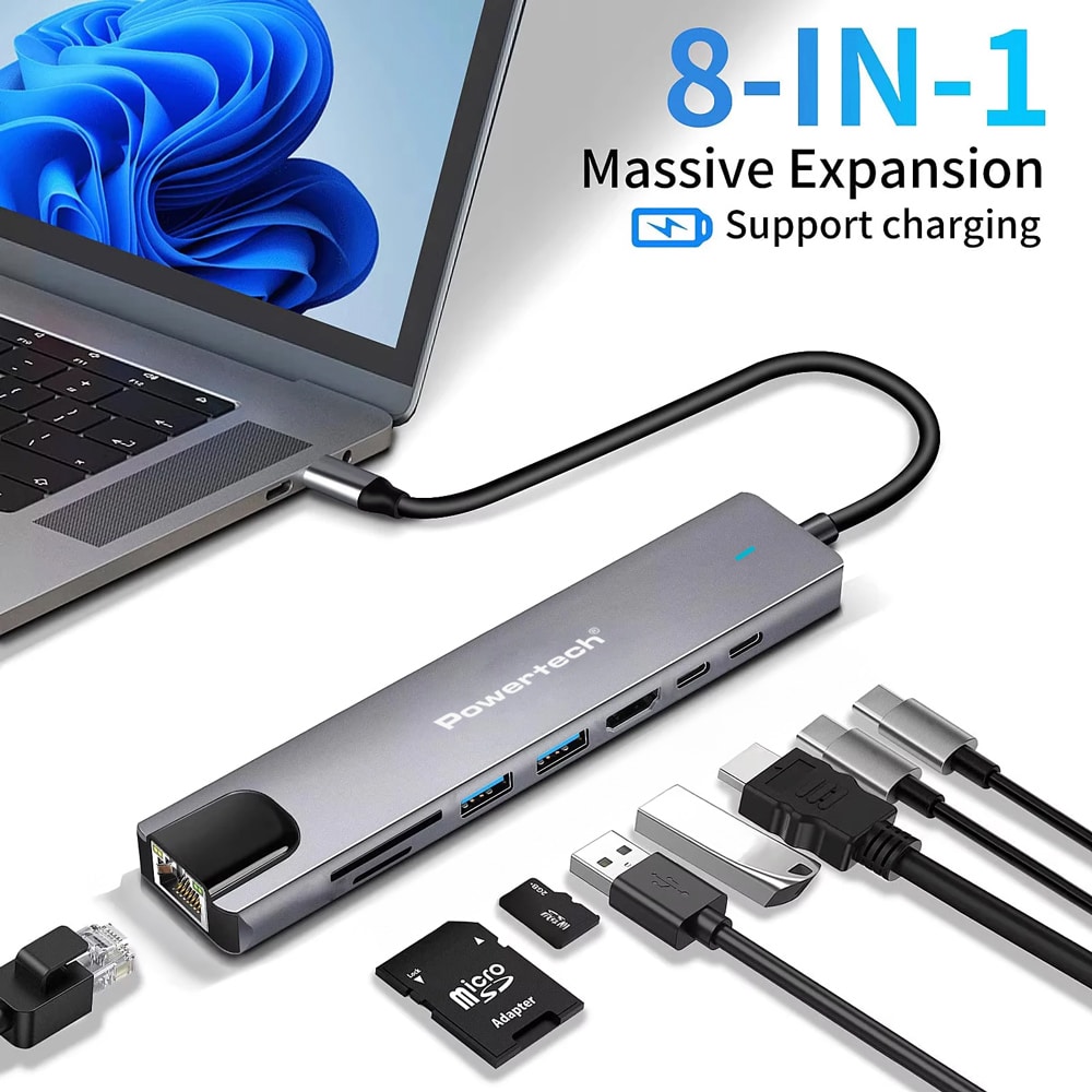 POWERTECH docking station PT-1537, 8 θυρών, USB-C σύνδεση, 100W PD, 1000Mbps, γκρι - Image 2