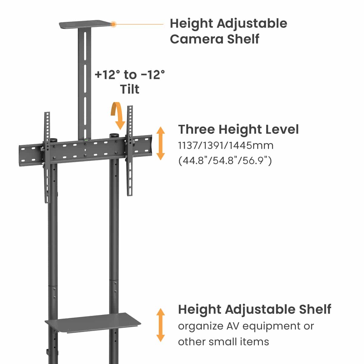 BRATECK βάση τηλεόρασης δαπέδου T1042T, 37-70", έως 45kg, με ράφια & ροδάκια - Image 3