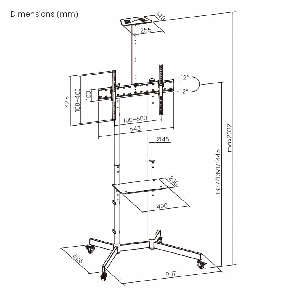 BRATECK βάση τηλεόρασης δαπέδου T1042T, 37-70", έως 45kg, με ράφια & ροδάκια - Image 7