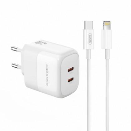 Φορτιστής τοίχου XO DESIGN L140, 35W, 3A, 2 x USB-C, με καλώδιο Lightning, λευκό