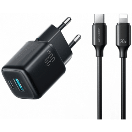 Φορτιστής τοίχου Joyroom JR-TG7, 33W, 3A, 1 x USB-A - 1 x USB-C, με καλώδιο Lightning, Μαύρο