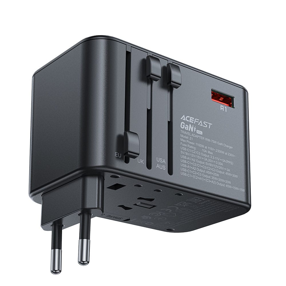 Acefast Z1 GaN 75W PD travel charger adapter 3x USB-C 2x USB-A - Μαύρο - Image 3