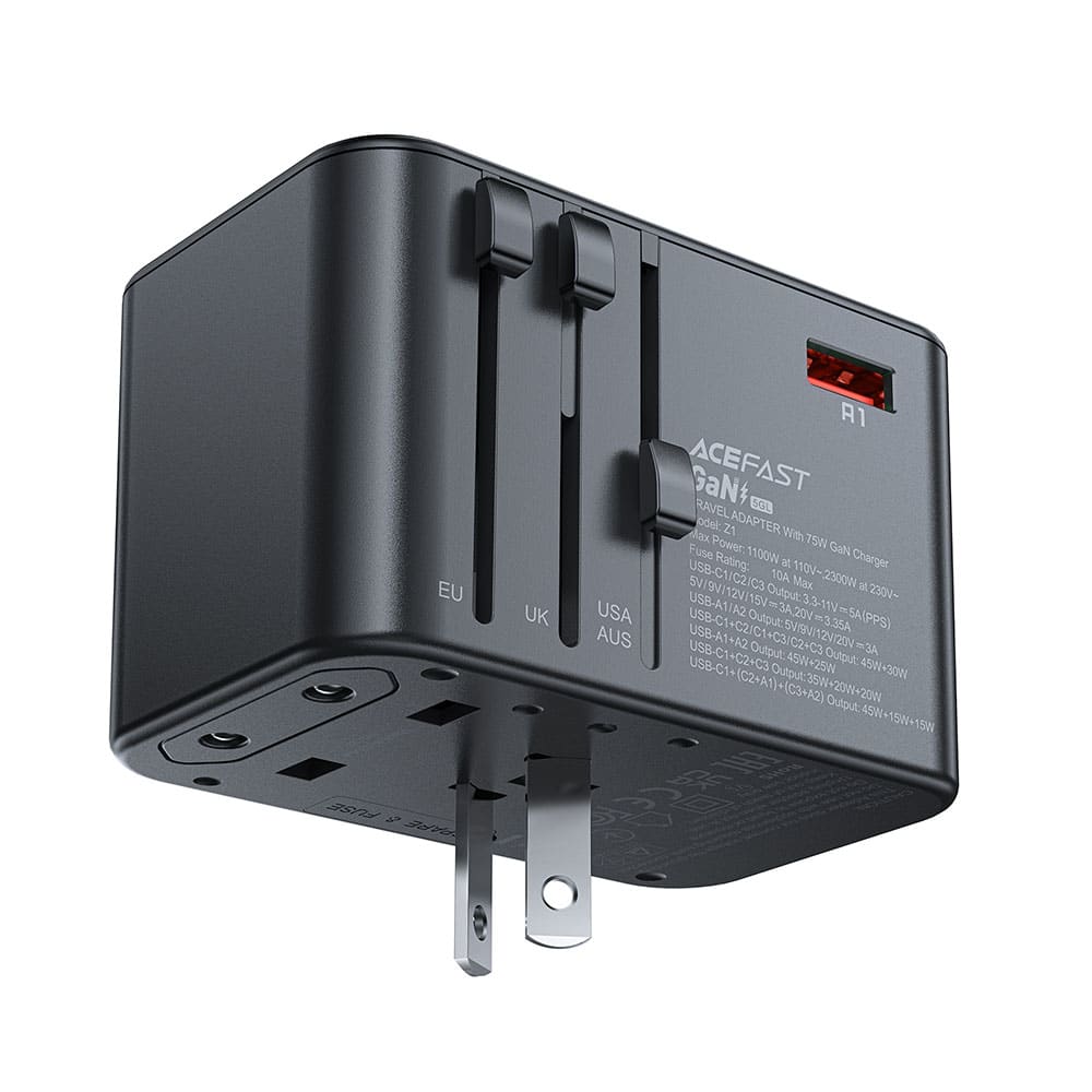 Acefast Z1 GaN 75W PD travel charger adapter 3x USB-C 2x USB-A - Μαύρο - Image 2