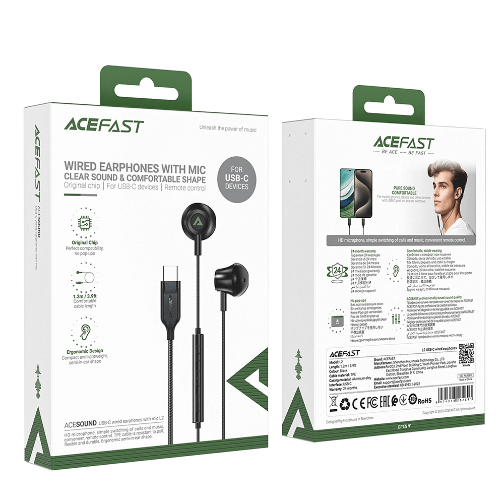 Acefast - Wired Earphones (l2) - Type-C, Half-In-Ear, With Microphone, Remote Control, Flexible Body, 1.2m - Black - Image 7
