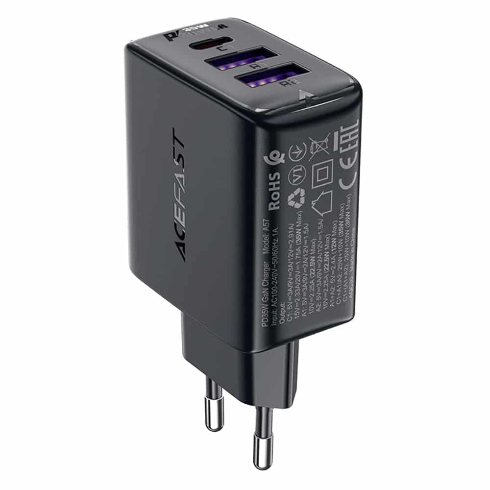 Acefast A57 PD 35W GaN charger 2 x USB-A + USB-C with 3 ports - Μαύρο - Image 3