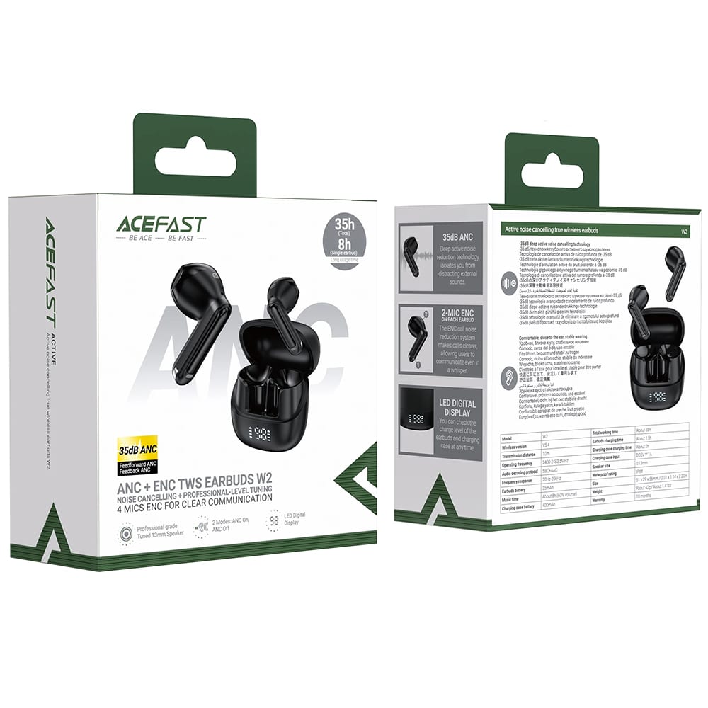Acefast - Wireless Earbuds (w2) - Tws, Bluetooth 5.4, 4-Mic Enc, Ipx4, 400mah, Led Digital Display, Magnetic Design - Black - Image 6