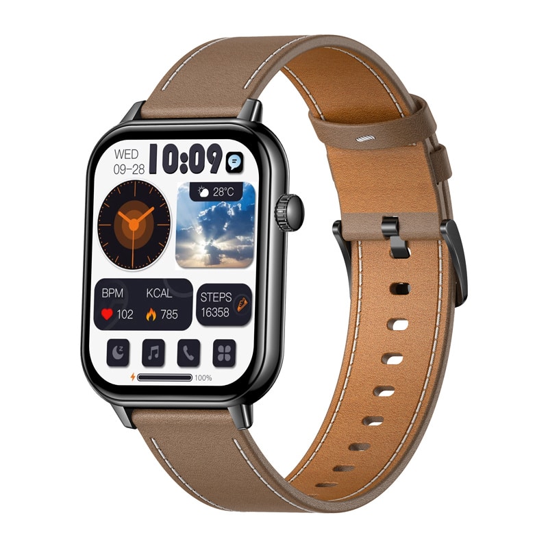 COLMI C28 Smartwatch – Μαύρο + Καφέ δερμάτινο λουράκι - Image 2