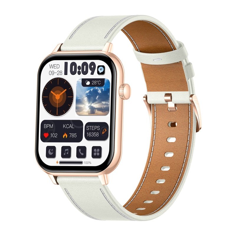 Smartwatch COLMI C28 σε χρυσό χρώμα με λευκό δερμάτινο λουράκι - Image 2