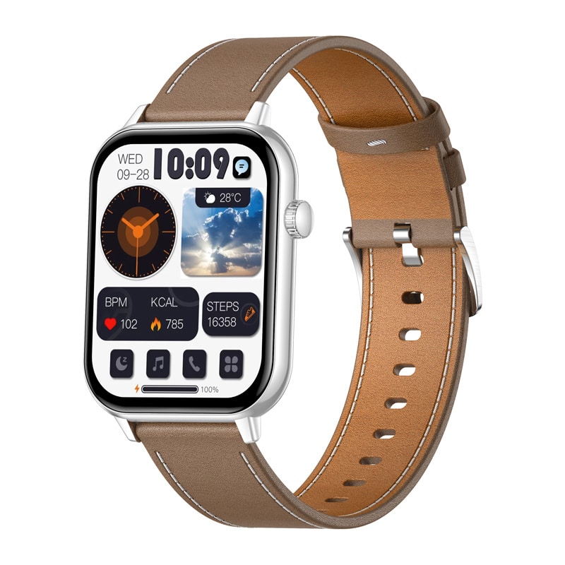 Smartwatch COLMI C28 – Ασημί + Καφέ δερμάτινο λουράκι - Image 2