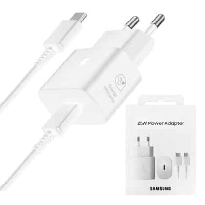 Samsung - Γνήσιος φορτιστής τοίχου T2510 (EP-T2510XWEGEU) - Περιλαμβάνεται καλώδιο, Type-C, 25W, εξαιρετικά γρήγορη φόρτιση - Λευκό (Συσκευασία κυψέλης)