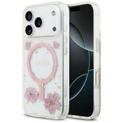 Guess Resin Flowers Glitter MagSafe - θήκη για Apple iPhone 17 Pro - Ροζ
