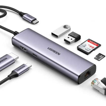 Ugreen CM512 90568 προσαρμογέας USB-C - 2x USB-A 3.0 / HDMI / RJ45 / card reader SD και TF / USB-C PD 100W - γκρι