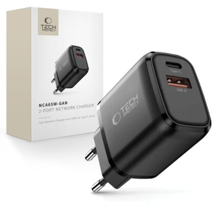 TECH-PROTECT NCA65W-GAN ΦΟΡΤΙΣΤΗΣ ΔΙΚΤΥΟΥ 2 ΘΥΡΩΝ PD 65W / QC3.0 ΜΑΥΡΟΣ
