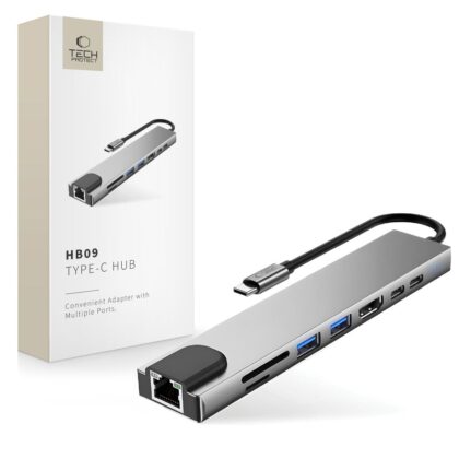 Tech-Protect Hub 8 σε 1 Type-C + USB-A 3.0 + USB-C 3.0 + HDMI 4K 60Hz + SD/TF + PD 100W + RJ45 1000MB/s Χωρικό Γκρι