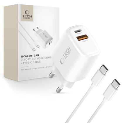 TECH-PROTECT NCA45W-GAN ΦΟΡΤΙΣΤΗΣ ΔΙΚΤΥΟΥ 2 ΘΥΡΩΝ PD 45W / QC3.0 + ΚΑΛΩΔΙΟ TYPE-C ΛΕΥΚΟ