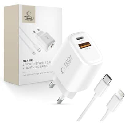 TECH-PROTECT NCA45W-GAN ΦΟΡΤΙΣΤΗΣ 2 ΘΥΡΩΝ PD 45W / QC3.0 + ΚΑΛΩΔΙΟ LIGHTNING ΛΕΥΚΟ
