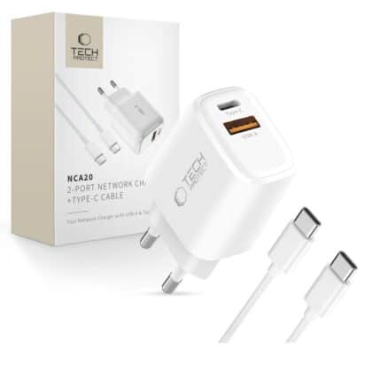 TECH-PROTECT NCA20 ΦΟΡΤΙΣΤΗΣ ΔΙΚΤΥΟΥ 2 ΘΥΡΩΝ PD 20W / QC3.0 + ΚΑΛΩΔΙΟ TYPE-C ΛΕΥΚΟ