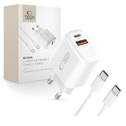 TECH-PROTECT NCA30 ΦΟΡΤΙΣΤΗΣ ΔΙΚΤΥΟΥ 2 ΘΥΡΩΝ PD 30W / QC3.0 + ΚΑΛΩΔΙΟ TYPE-C ΛΕΥΚΟ