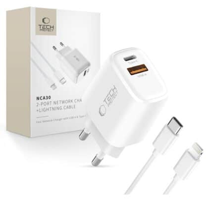 TECH-PROTECT NCA30 ΦΟΡΤΙΣΤΗΣ ΔΙΚΤΥΟΥ 2 ΘΥΡΩΝ PD 30W / QC3.0 + ΚΑΛΩΔΙΟ LIGHTNING ΛΕΥΚΟ
