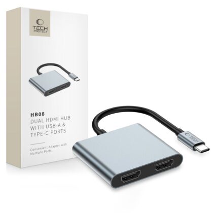 Tech-Protect HB08 Προσαρμογέας Κενών 4σε1 Type-C + USB 2.0 + 2 x HDMI 4K 60Hz Χωρικού Γκρι