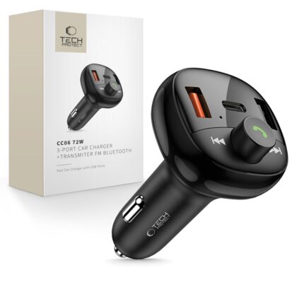 Tech-Protect CC06 Φορτιστής Αυτοκινήτου 3 Θυρών PD 72W + Πομπός FM Bluetooth Μαύρος