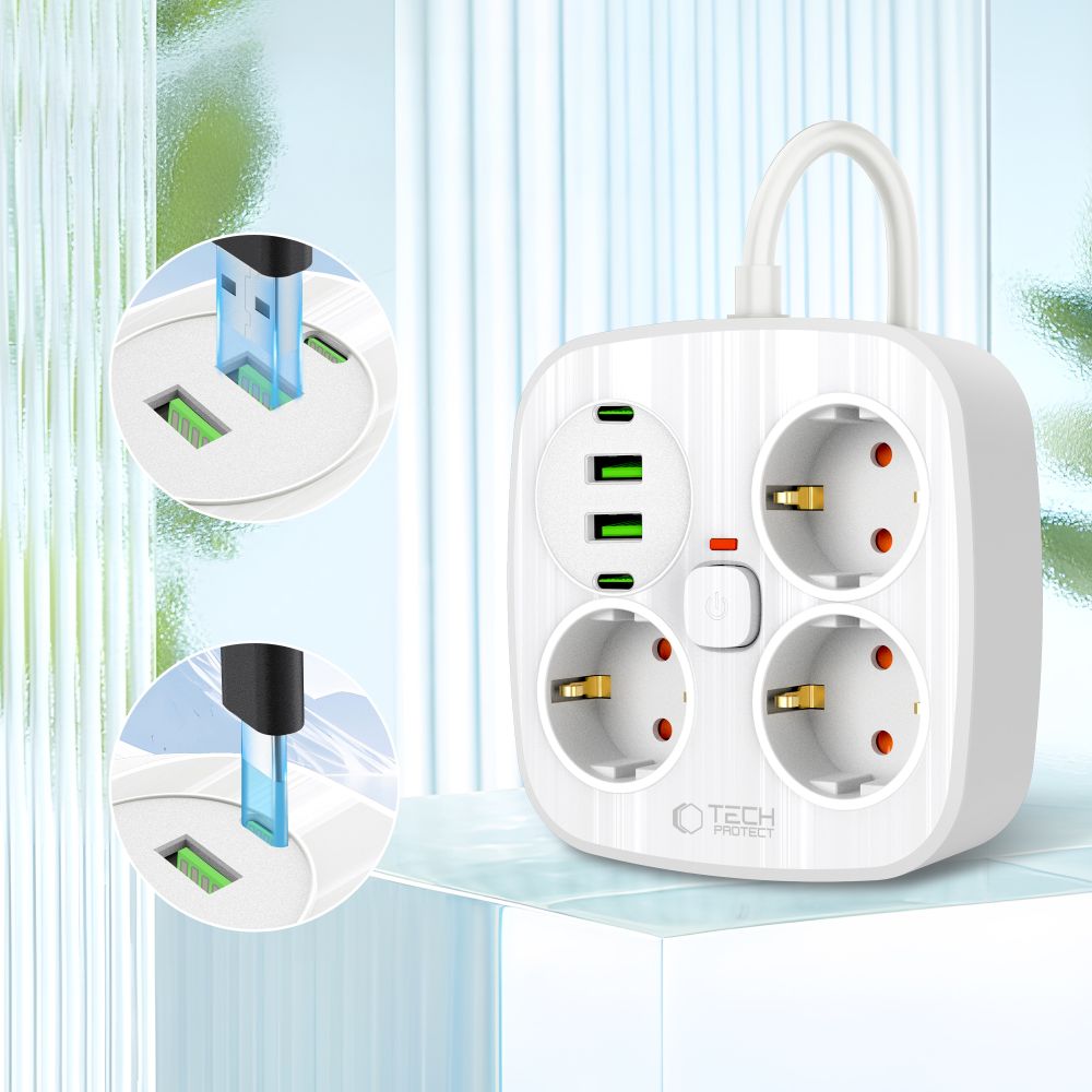TECH-PROTECT PCS3X4 ΤΡΟΦΟΔΟΤΙΚΟ 2 USB & 2 TYPE-C & 3 ΠΡΙΖΕΣ 200CM ΛΕΥΚΟ - Image 3