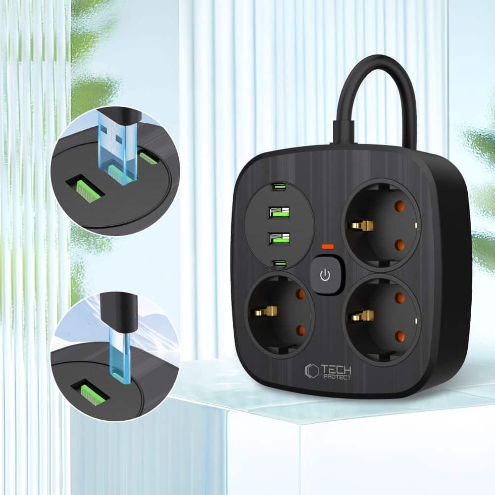 TECH-PROTECT PCS3X4 ΤΡΟΦΟΔΟΤΙΚΟ 2 USB & 2 TYPE-C & 3 ΠΡΙΖΕΣ 200CM ΜΑΥΡΟ - Image 3