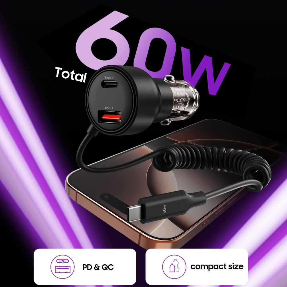 Φορτιστής αυτοκινήτου Tech-Protect CC05 2 θυρών PD 60W + καλώδιο μαύρο - Image 4