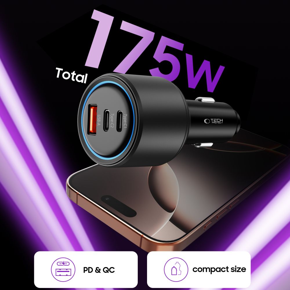 Φορτιστής αυτοκινήτου Tech-Protect CC04 3 θυρών PD 175W μαύρος - Image 4