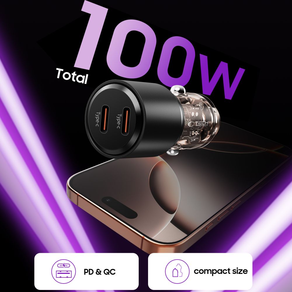 Φορτιστής αυτοκινήτου Tech-Protect CC03 2 θυρών PD 100W μαύρος - Image 4