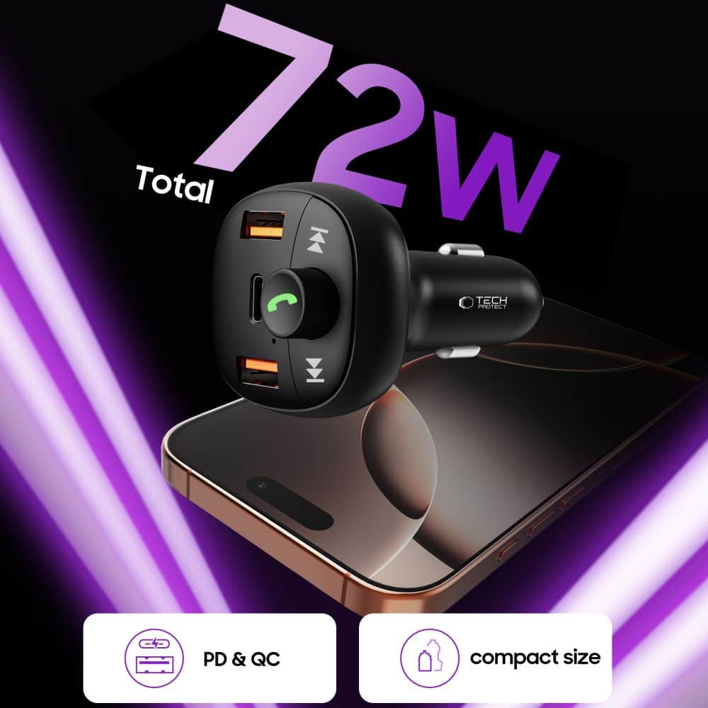 Tech-Protect CC06 Φορτιστής Αυτοκινήτου 3 Θυρών PD 72W + Πομπός FM Bluetooth Μαύρος - Image 4