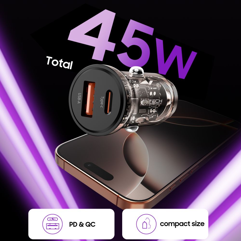 Φορτιστής αυτοκινήτου Tech-Protect CC01 2 θυρών PD 45W / QC3.0 μαύρος - Image 4