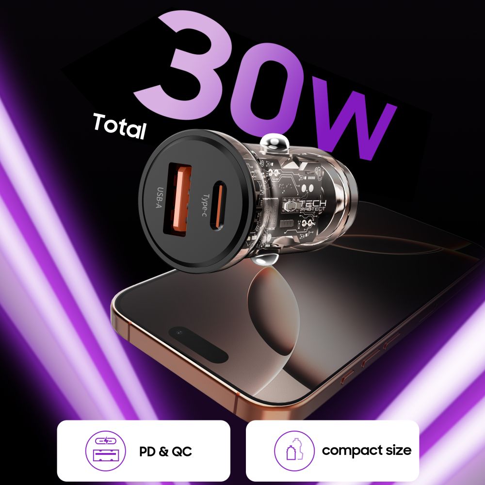 Φορτιστής αυτοκινήτου Tech-Protect CC01 2 θυρών PD 30W / QC3.0 μαύρος - Image 4