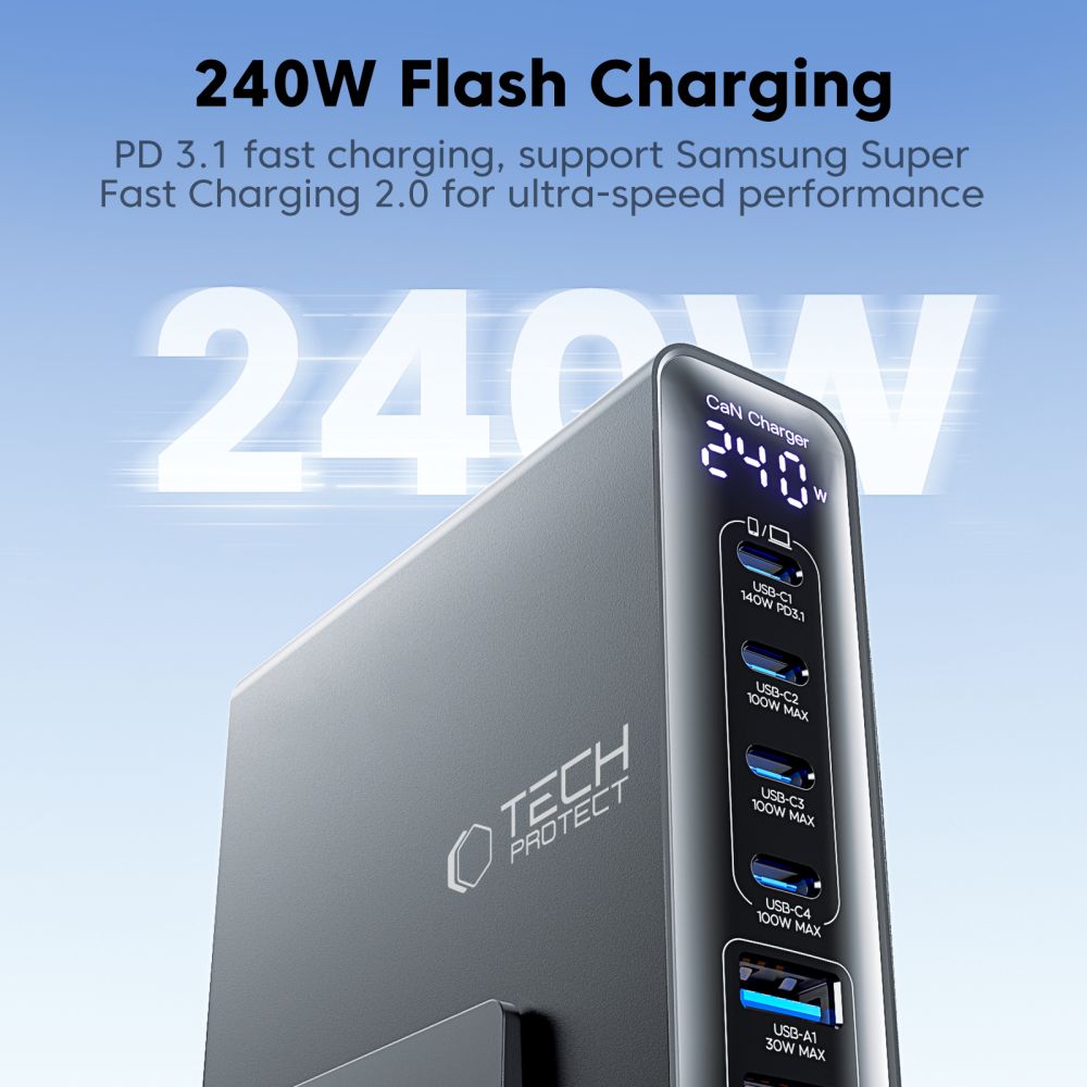 TECH-PROTECT DC240W-GAN ΦΟΡΤΙΣΤΗΣ ΕΠΙΤΡΑΠΕΖΙΑΣ ΧΡΗΣΗΣ 6 ΘΥΡΩΝ PD 240W / QC3.0 ΜΑΥΡΟΣ - Image 7