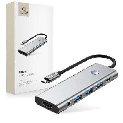 Tech-Protect HB04 Hub 9σε1 Type-C + USB 2.0 + USB 3.0 + HDMI 4K 60Hz + SD/TF + PD 100W + AV 3.5 Γκρι
